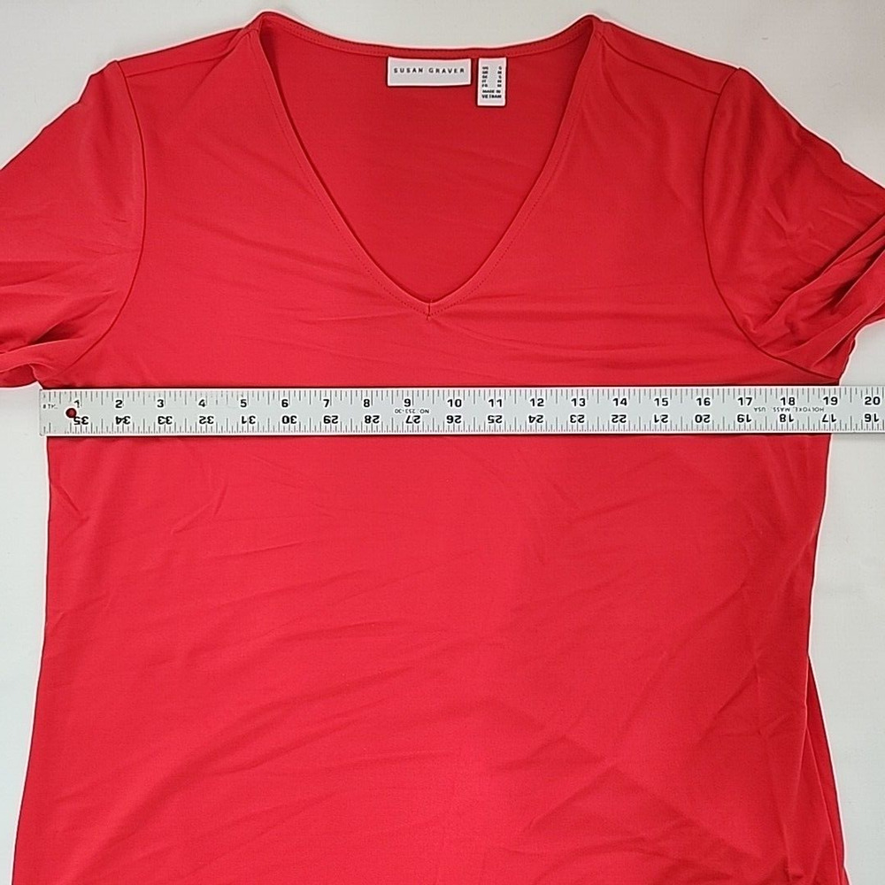 Susan Graver Sm Top Red Liquid Knit 3/4 Bell Sleeve Black Floral Lace Vneck - Picture 11 of 14